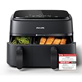 Philips Airfryer Dual Basket 3000 Series, 9L, 2 Körbe, 2 Gerichte gleichzeitig fertig, RapidAir Plus Heißlufttechnologie, 90% weniger Fett, Energieeffizient, HomeID Rezepte-App (NA350/00), Schwarz