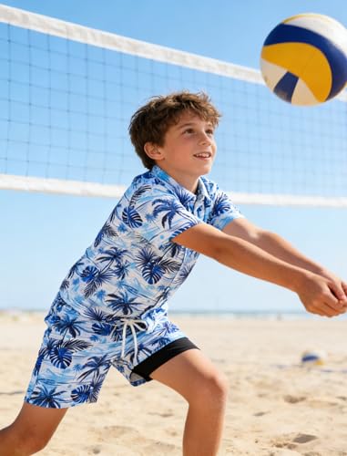 Image of UNICOMIDEA Boys Hawaiian Outfits Tropical Print Button Down Shirt + Swim Trunks 2 Piece Sets for 5-12T Kids