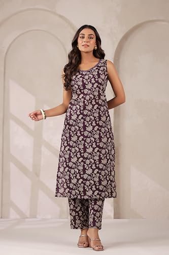 Image of Women's Cotton Wine Floral Kurta Set