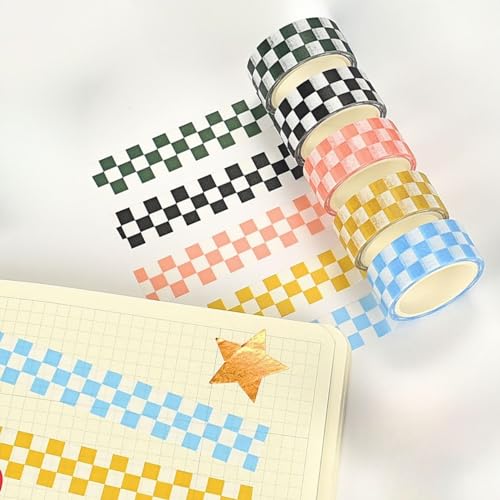Orirya マスキングテープ 可愛い ステッカー おしゃれ チェック柄 diy 和紙テープ かわいい 手帳シール カード ギフト シール 文房具 飾り デコレーションシール 15mm×3m 5色