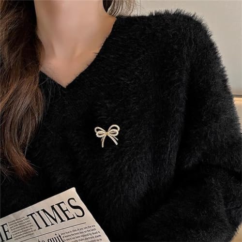 Image of Bow Knot Brooch Rhinestones Pearl Bow Lapel Pin Alloy Pearl Brooch Satin Ribbon Bow Badge Women's Dress Shawl Sweater Decoration