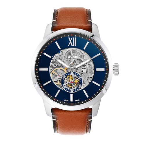 Fossil Townsman uhr für Herren, Automatikuhrwerk mit Edelstahl- oder Lederarmband, Silberton und Braun, 48MM