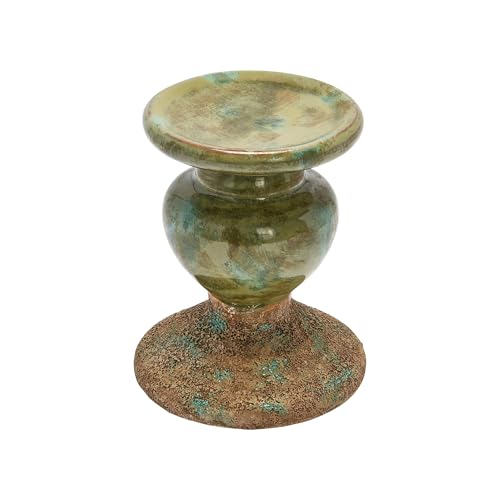 Image of Creative Co-Op 2-Tone Sculptural Terracotta Pillar Candle Holder, Distressed Green 4.5 inch W x 5.25 inch H (Pack of 8)