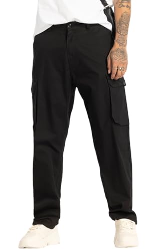 Image of SNITCH Men Cargo Pants | Relaxed Fit with Utility Pockets & Plain Pattern | Premium Cotton Blend Fabric for Casual Wear, College Wear & Street Style