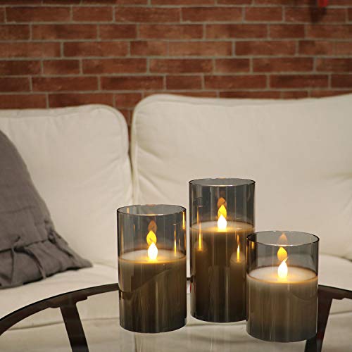Gray Glass Battery Operated Flameless Led Candles with 6H Timer, Warm White Flickering Light, Batteries Included - Set of 3
