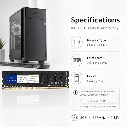 Image of Timetec 80GB KIT(10x8GB) DDR3 / DDR3L 1333MHz PC3-10600 Non-ECC Unbuffered 1.5V / 1.35V CL9 2Rx8 Dual Rank 240 Pin UDIMM PC Desktop Computer Memory RAM Module Upgrade (80GB KIT(10x8GB))
