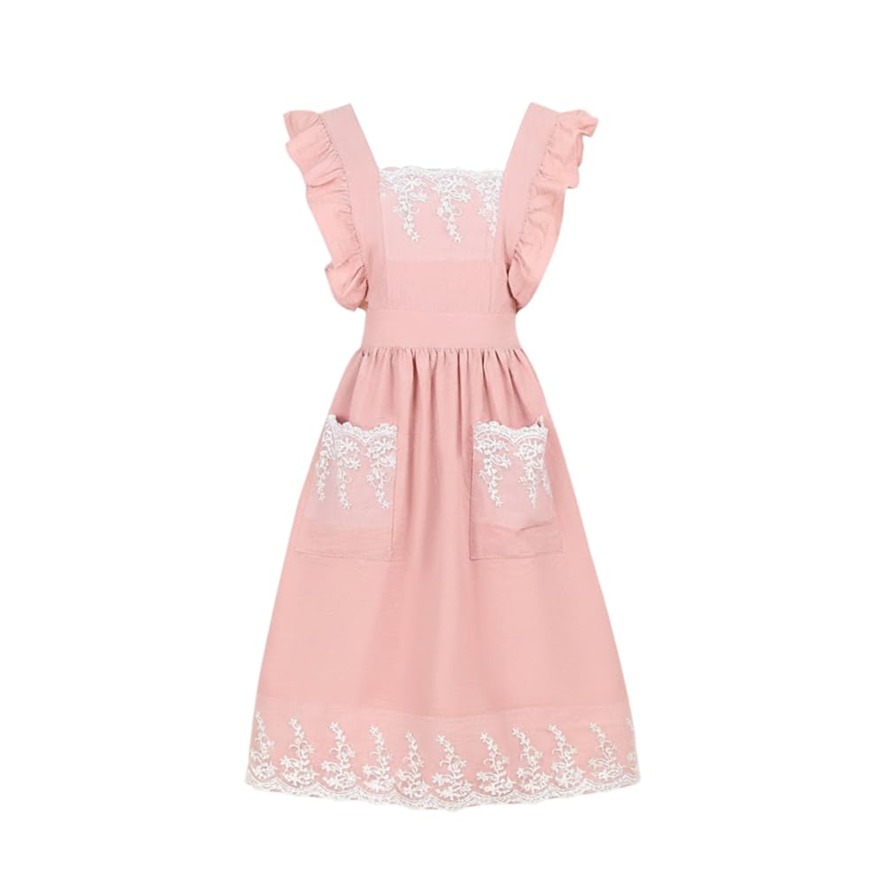 BDKMMS Cotton Cooking Apron, Household Aprons Dress with Side 2-Pocket, Lace Cooking Baking Dress for Gardening c