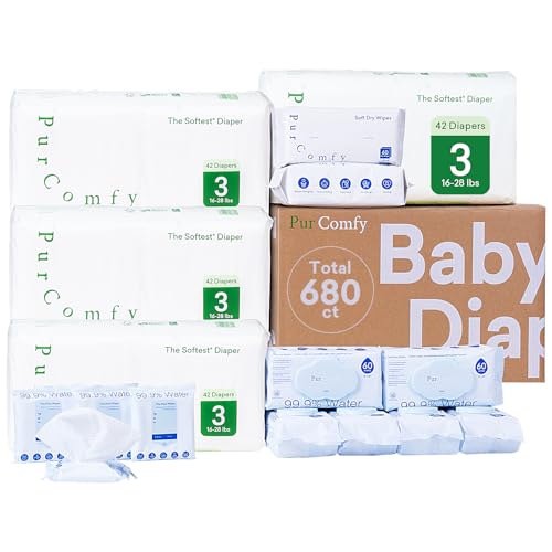 PurComfy Baby Diapers Essential Kit, 4 Pack Size 3 Diapers (168 Ct), 6 Pack (360Ct) Water Wipes and 2 Pack (120Ct) Dry Wipes, All in One Newborn Essentials Kit and Baby Gift for Sensitive Skin