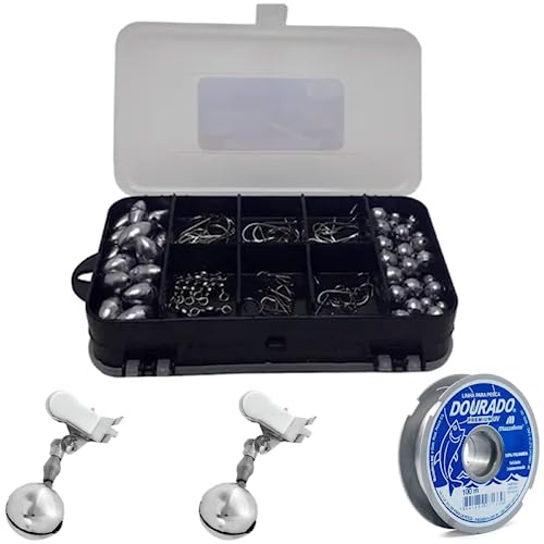 Kit Estojo Pesca Esportiva Linha Sinete Giradores Chumbada e Anzol