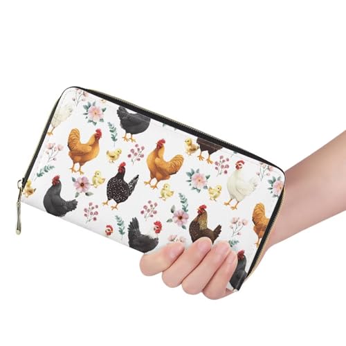 doginthehole Leather Wallets for Women, Floral Rooster Long Wallet for Ladies Zipper Coin Purse Credit Card Holder Funny Chicken Design3
