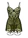 Foxiny Sexy Floral Lace Mesh Sheer Garter Babydoll Lingerie Dress Corset Outfit Set with Thong 3 Piece Women Nightwear Cute Chemise Negligee Nighty Army Green Large