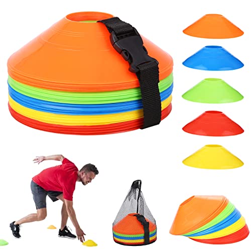 UNIDEAL 50 Stück Markierungshütchen, Sport Hütchen mit Schnallenriemen, Netztasche, Fussball Hütchen Set für Fussball, Hockey, Eislaufen, Handball oder Trainingshilfe für Koordination (5 Farben)