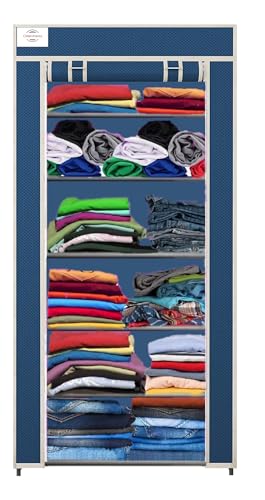Image of CMerchants Metal Multipurpose Collapsible Organizer With Non Woven Dustproof Zip Cover For Clothes (6 Shelve) (Blue)