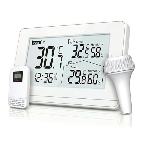 CSL - Funk Wetterstation mit Außensensor - inkl. Pool Thermometer - digital – Funkuhr - Wassertemperatur Innentemperatur Außentemperatur Luftfeuchtigkeit - schwimmend – DCF Uhrzeit