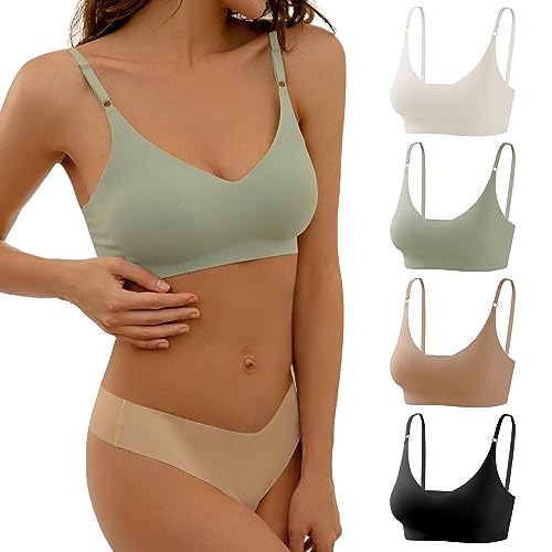 DEANGELMON V Neck Bra Padded Seamless Adjustable Straps Bralettes Everyday Basic Sleeping Bras Multiple Pack Black,nude,apricot,green Medium