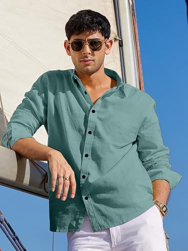 Image of Men's Linen Cotton Casual Shirt | Regular Fit Plain Shirt for Men | Long Sleeve Shirt for Casual & Formal Wear