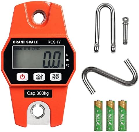 RESHY Digital Hanging Scale 660lb/300Kg Cast Aluminum Case Waterproof Fish Scale Handheld Crane Scale Luggage Scale for Garage Farm Hunting Fishing Outdoor(Orange)