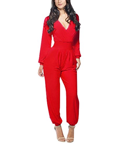 PianPian Fashion Lady's Long Sleeve V Neck Romper Jumpsuit Multi-color Pick Red M