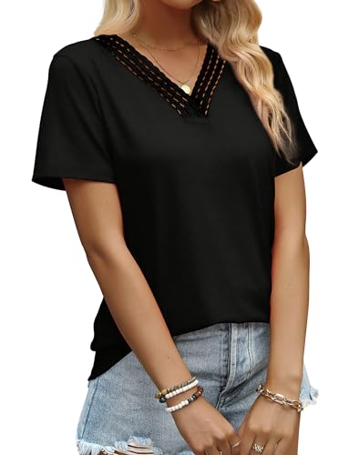 Aokosor T Shirts for Women Crochet V Neck Summer Tops Elegant Ladies Short Sleeve Basic Tees Black Size 14-16