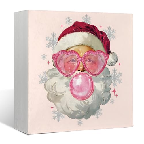 Mtrgdn Pink Retro Santa Christmas Wooden Box Signs,Pink Christmas Sign,Santa Clause Christmas Decor,Christmas Table Decor,Xmas Decor Christmas Birthday Gifts for Women 5x5