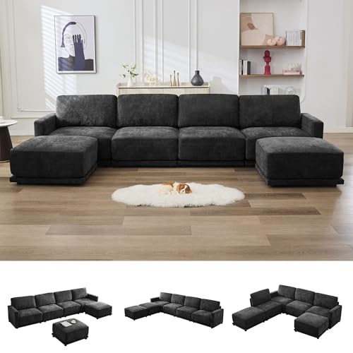 Image of 143.8 inch Modular U Shaped Sofa, Oversized Sectional Cloud Couch, 6 Seater Deep Seat Couches with 2 Movable Ottomans, Comfy Thickened Sofas for Living Room, Chenille Black