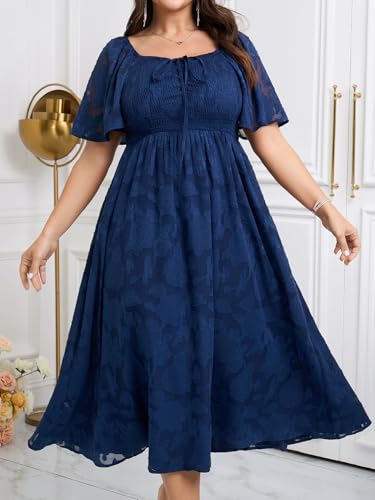 SCOMCHIC Women's Plus Size Formal Dresses Square Neck Short Sleeve Lace Floral Smocked Flowy Long Maxi Wedding Guest Dress2