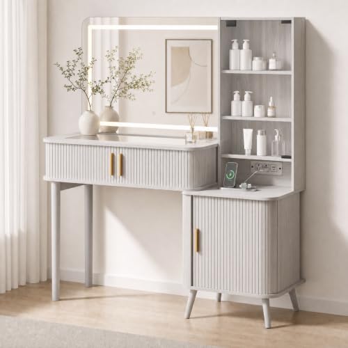 Image of 51 inch Fluted Makeup Vanity Desk with 4 Drawers & Adjustable Shelves,Dressing Table with Mirror and Lights, Large Vanity with Glass Top and Power Outlet for Bedroom (White)