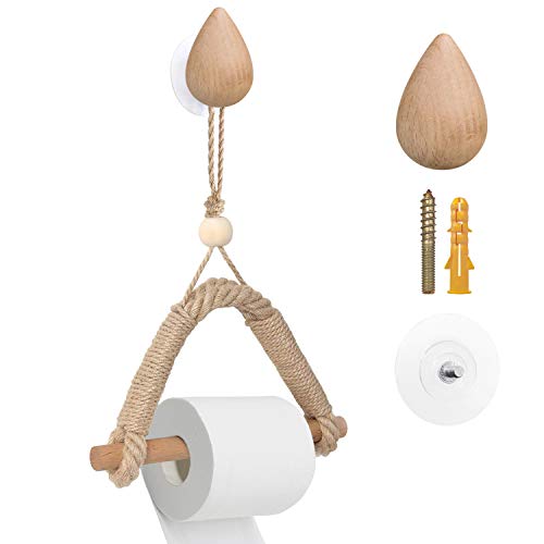 JEEZAO Toiletpapierhouder, hout, industrieel touw, zonder boren, vintage wc-rolhouder, wc-rolhouder, handdoekhouder voor badkamer decoratie (stijl 2)