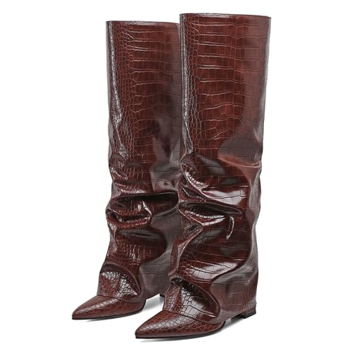 Image of SaraIris Women's Slouchy Knee High Boots - Black, Pointed Toe, Fold Over, Chunky, Shark Boots