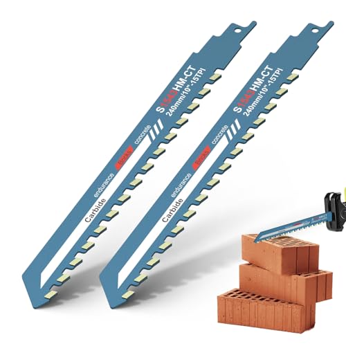 2Pcs Reciprocating Saw Blades, Concrete Reciprocating Saw Blade, Durable Saw Blade, Recip Saw Bladesfor Concrete, Masonry, Heavy Duty Carbide Steel Alloy Blade with Universal Shank, 10in 15TPI