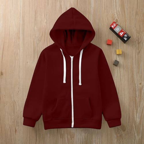 Kids Boys and Girls Solid Color Long Sleeve Zip Up Hoodie Sweatshirt Jackets Top Kids Boys Coats (Wine, 6-7 Years)2