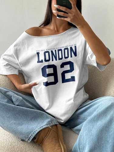 Image of SXV Oversized Off-Shoulder Loose London 92 Print Oblique Shoulder T-Shirt Graphic Tees