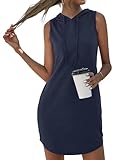 AUSELILY Womens Summer Dresses 2024 Casual Sleeveless Sweatshirt Dress Drawstring Hoodie Mini Dress with Pockets, Navy Blue L