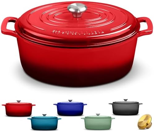 Signature Enameled Cast Iron Oval Dutch Oven | Non-Stick Serving Pot with Tight Fitting Lid for Perfect Roasting, Baking, Sauteing, and Bread Making | 5Q [Red] - Thumbnail 2