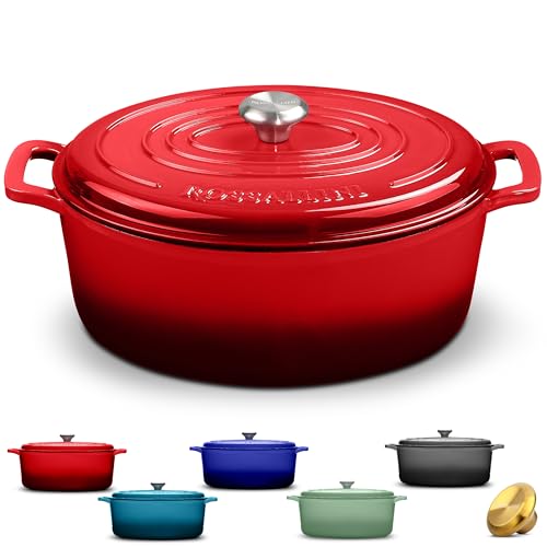 ROSSALLINI Signature Enameled Cast Iron Oval Dutch Oven | Non-Stick Serving Pot with Tight Fitting Lid for Perfect Roasting Baking Sauteing and Bread Making | 5Q [Red]