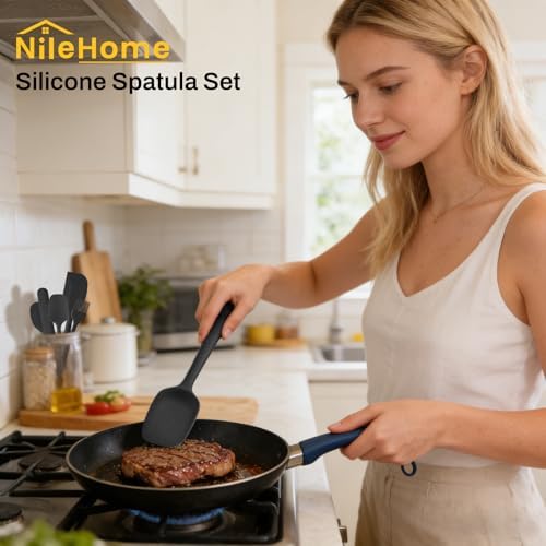 NileHome Silicone Spatula Set, 6 Pieces Food Grade Kitchen Utensils with Silicone Brush Heat Resistant Up to 600°F Dishwasher Safe BPA-Free Rubber Spatula for Scraping, Baking, Cooking, Mixing-Black — view 6
