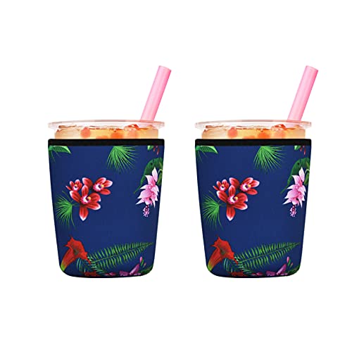 2 Pack Iced Coffee Sleeves, Reusable Neoprene Iced Coffee Cup Sleeves, Insulator Sleeve for Beverages, Cold Drink Cup Sleeve for Starbucks Coffee, McDonalds (2 Pack with 18oz, Palm Leaves)
