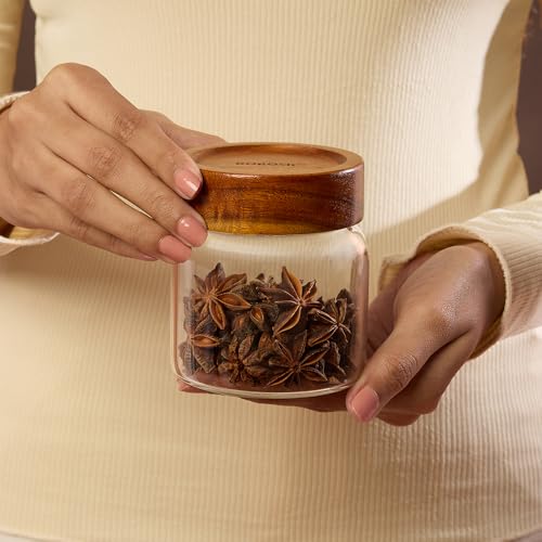 Image of Borosil Glass Jar with Acacia Wood Lid | Borosilicate Glass Storage Jar for Dry Fruits, Spices & Snacks | Airtight Glass Container for Kitchen & Pantry (Tallwood, 300 ml)