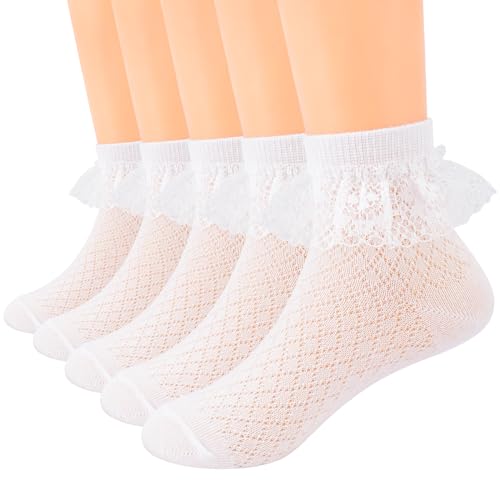 Looching Baby Todller Girls Eyelet Ruffle Lace Sock White Cotton Princess Style Ankle Dress Frilly Mesh Thin Socks Pack of 5