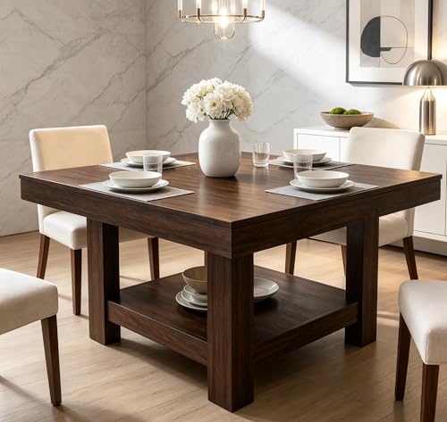 Image of Garvee Square Dining Table for 4-6, 47.2 inch Kitchen Table with 2-Tier Storage Shelf, Modern Black Walnut Waterproof Dining Room Table, Heavy Duty 350Lbs Capacity with Anti-Wobble Triangle Legs