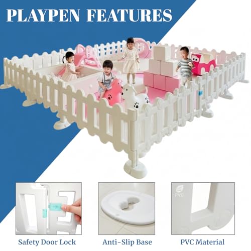 Image of Playpen for Babies upto 5 year Baby Play Area Indoor Setup Foldable Play Yard Fence for Toddlers Kids Playarea Setup Outdoor Children Play Area with Gate, Balls, Basketball Stand, mat, drawing board sketch (White, 12 Panel)