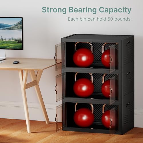 Image of UAMFURI 336QT Lockable Storage Bins with Lids - Stackable Storage Cabinet with Doors and Wheels, Collapsible Plastic Organizer and Containers for Bedroom Dorm Office Garage, 3 Pack Cubes | Stackable Organizer with Doors & Wheels, Foldable Containers for Bedroom, Dorm, Office & Garage Storage