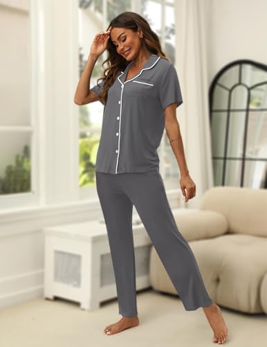 Image of HNG Women Pajamas Set 2 Piece Button Up Pajamas Pant and Short Sleeve Shirt for Woman Pj Sets with Pocket