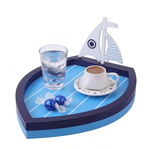 Gerrii Nautical Theme Decorative Wooden Tray, Suitable for Nautical Theme Coffee Table Decoration, Boat Shaped Fruit Snack Serving Tray, Ocean Style, House Bathroom Countertop Centerpiece Beach Decor