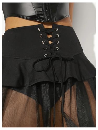MakeMeChic Women's Mesh Tulle Skirt High Low Ruffle Lace Up Grunge Punk Skirts4