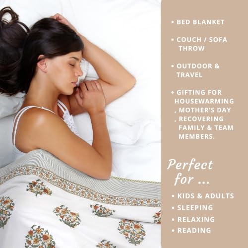 Image of TOAIArt Premium Jaipuri Dohar | AC Blanket Summer Quilt | Hand Block Printed | 3 Layers | Reversible | 150GSM 100% Mulmul Cotton | 100% Cotton Flannel Filling | King 108 inch X 90 inch|Earthy Mugal Motif