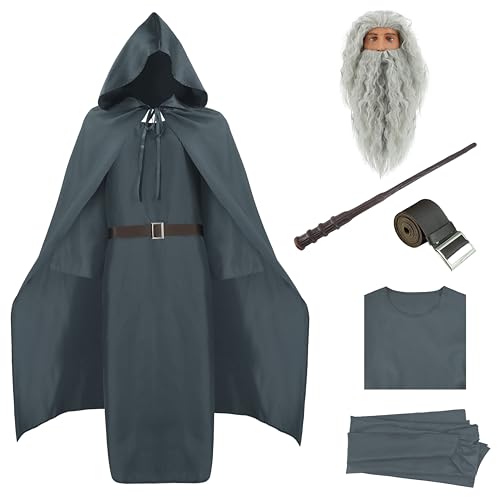 Poboola Wizard Kostüm Men Pagan Tunic Cloak Warlock Robes Wizard Outfit with Wig Beard Cloak Magic Wand Halloween Kostüm XL