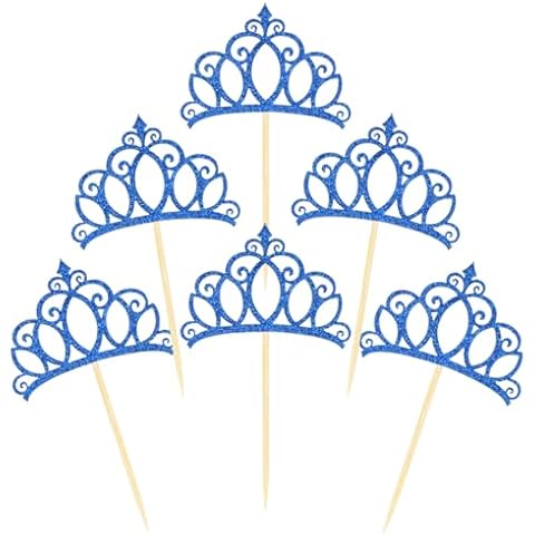 Donoter 48 Pieces Blue Glitter Princess Crown Cupcake Toppers Picks for Birthday Baby Shower Party Cake Decorations Cover
