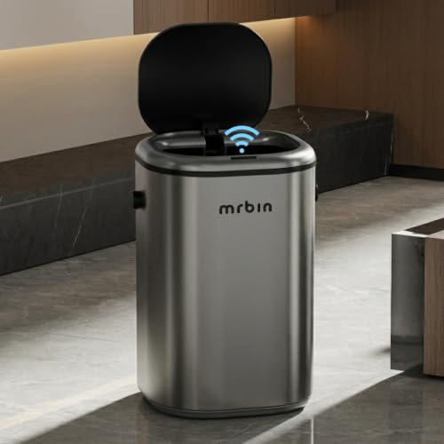 Image of MRBIN Stainless Steel Motion Sensor Tall Bathroom Trash Can with Lid, 5 Gallon Automatic Kitchen Garbage Pail, Electric Covered Silver Metal Waste Basket for Bedroom, Rv, Restroom, Eclipse Grey