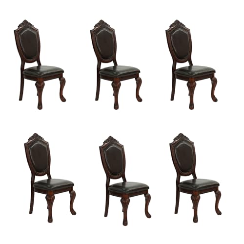 Dining Chairs Set of 6 – Antique Style Dining Room Chairs with Rivet Decor, Carved Legs, Ideal as Kitchen Chairs or Living Room Chairs for Kitchen, Bedroom, Living Room (Brown armless)